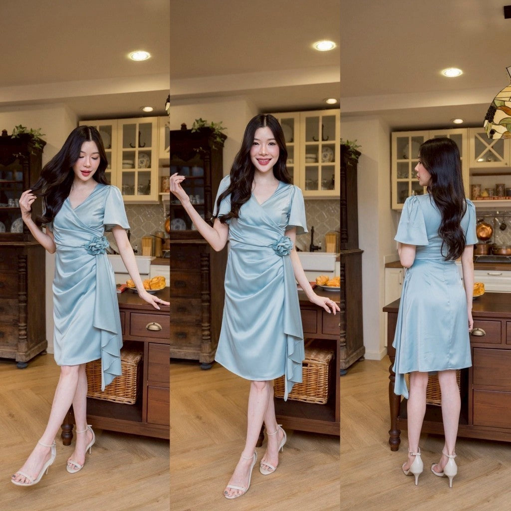 ชุดราตรีสั้น เดรสสั้น ผ้าเครปซาติน เดรส พรีเมี่ยม Odette แถมดอกไม้ เดรสไปงานแต่ง เจ้าสาว พร้อมส่ง