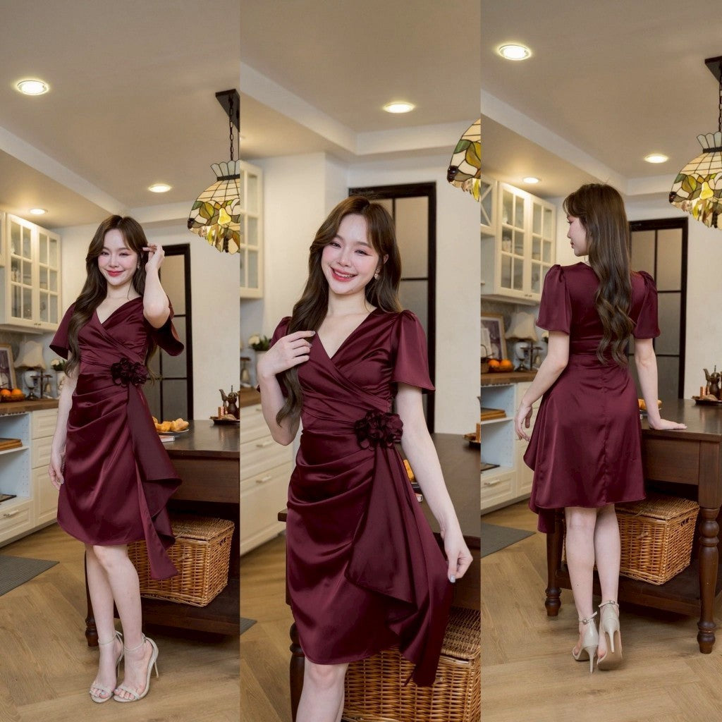 ชุดราตรีสั้น เดรสสั้น ผ้าเครปซาติน เดรส พรีเมี่ยม Odette แถมดอกไม้ เดรสไปงานแต่ง เจ้าสาว พร้อมส่ง