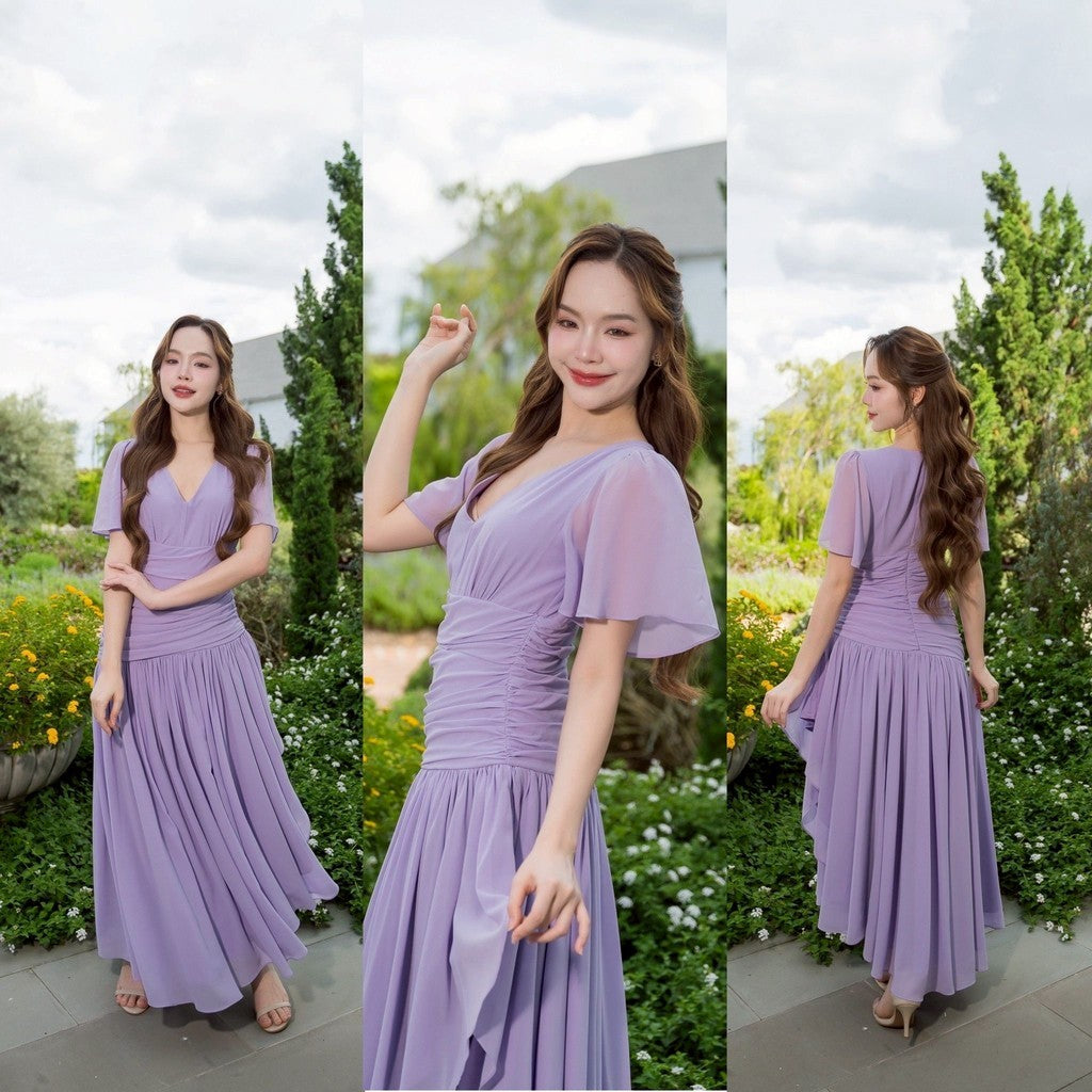 เดรส เดรสออกงาน ชุดชีฟองหรู แขนสั้น NP064 กระโปรงรูด มีซับในทั้งชุด สะโพกฟรี พร้อมส่ง ใส่ออกงานแต่ง