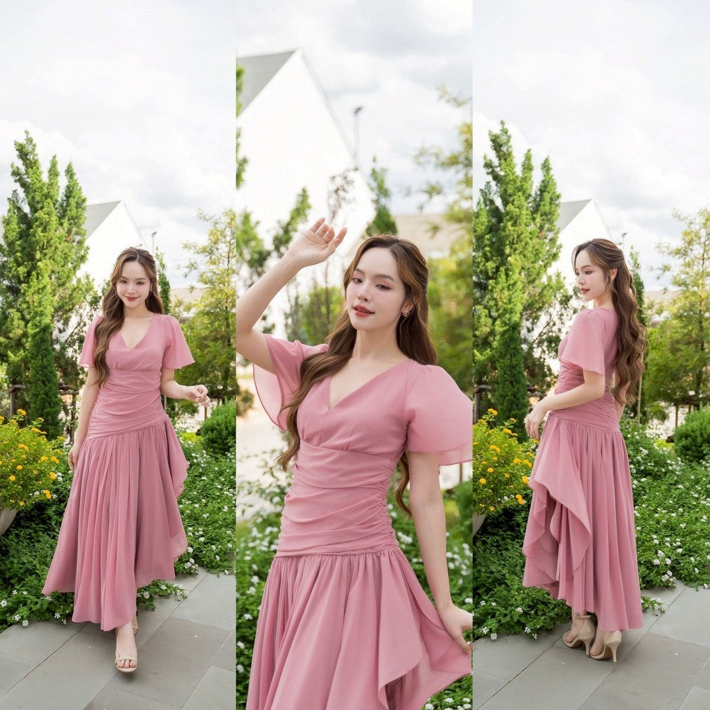เดรส เดรสออกงาน ชุดชีฟองหรู แขนสั้น NP064 กระโปรงรูด มีซับในทั้งชุด สะโพกฟรี พร้อมส่ง ใส่ออกงานแต่ง