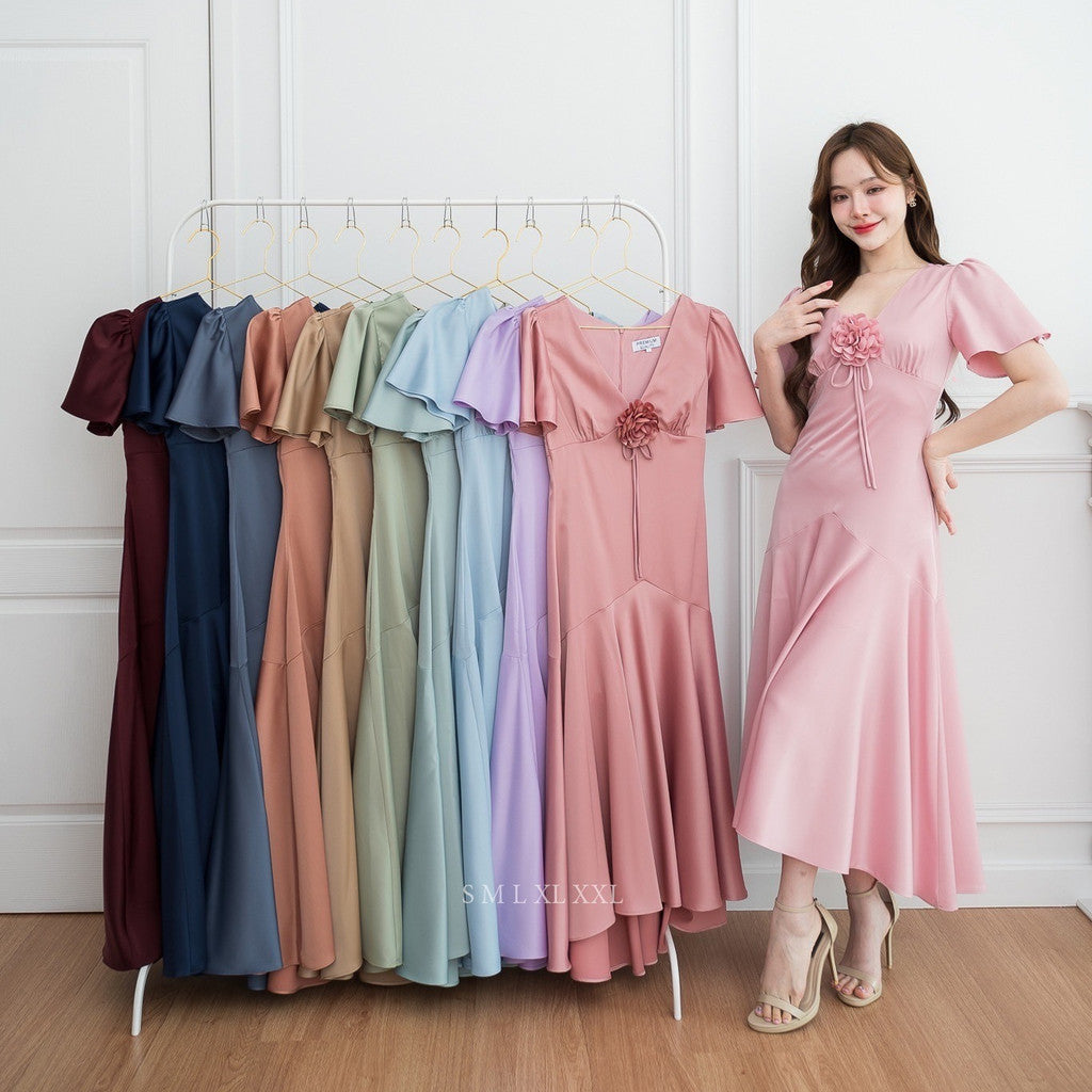 ชุดเดรส ชุดราตรี เดรส VIVA ผ้าเครปซาติน เดรสยาว แขนสั้น กระโปรงยาว ดอกไม้ Woman Dress ชุด ผู้หญิง