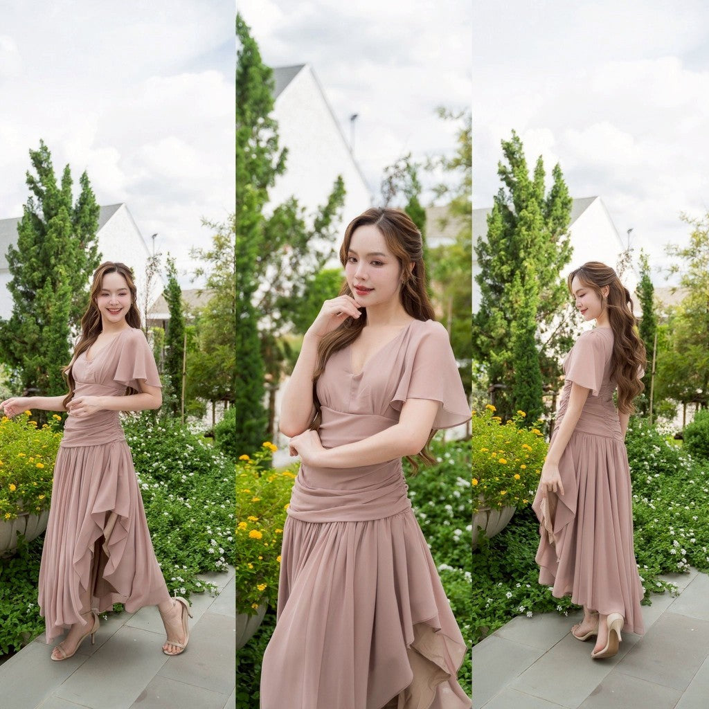 เดรส เดรสออกงาน ชุดชีฟองหรู แขนสั้น NP064 กระโปรงรูด มีซับในทั้งชุด สะโพกฟรี พร้อมส่ง ใส่ออกงานแต่ง