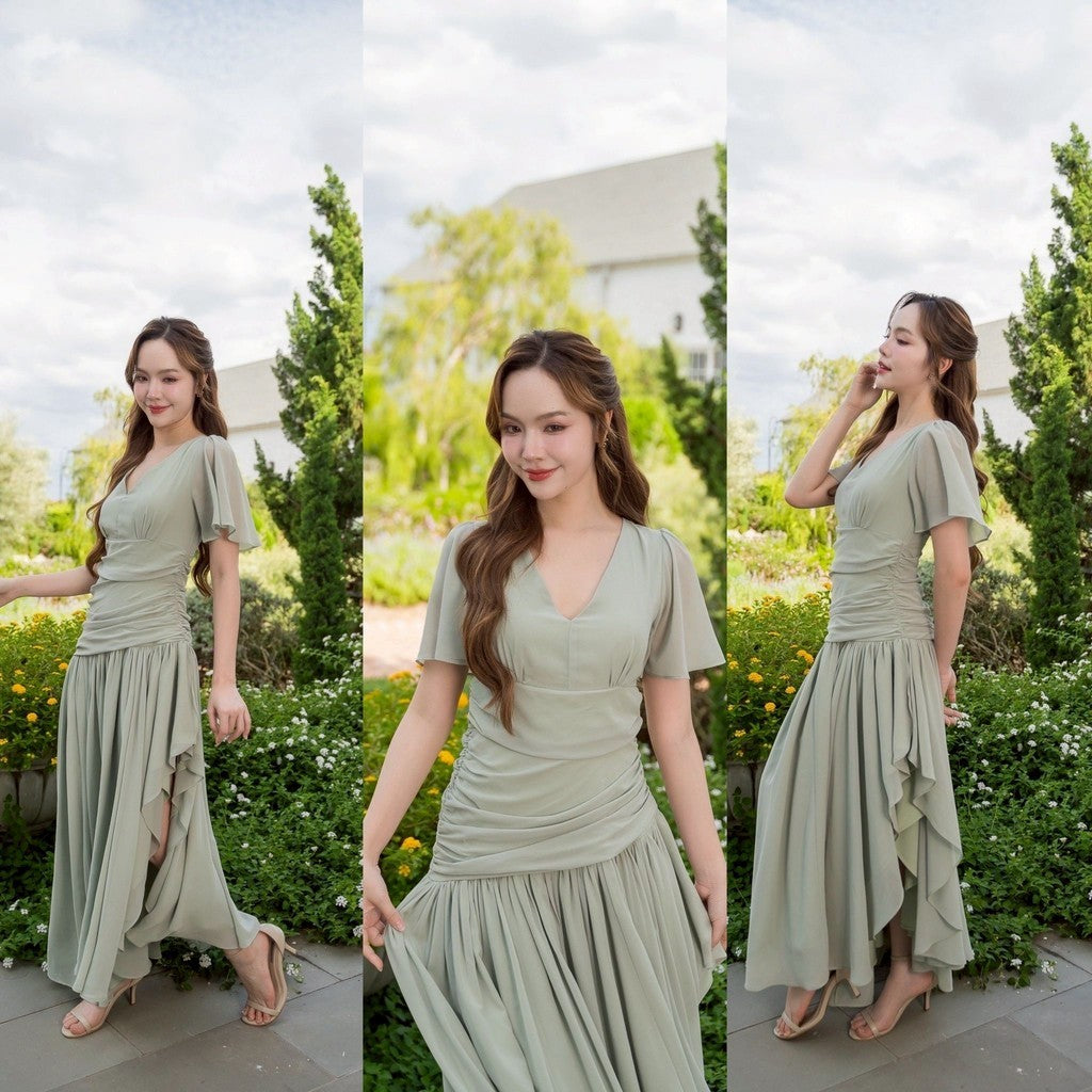 เดรส เดรสออกงาน ชุดชีฟองหรู แขนสั้น NP064 กระโปรงรูด มีซับในทั้งชุด สะโพกฟรี พร้อมส่ง ใส่ออกงานแต่ง