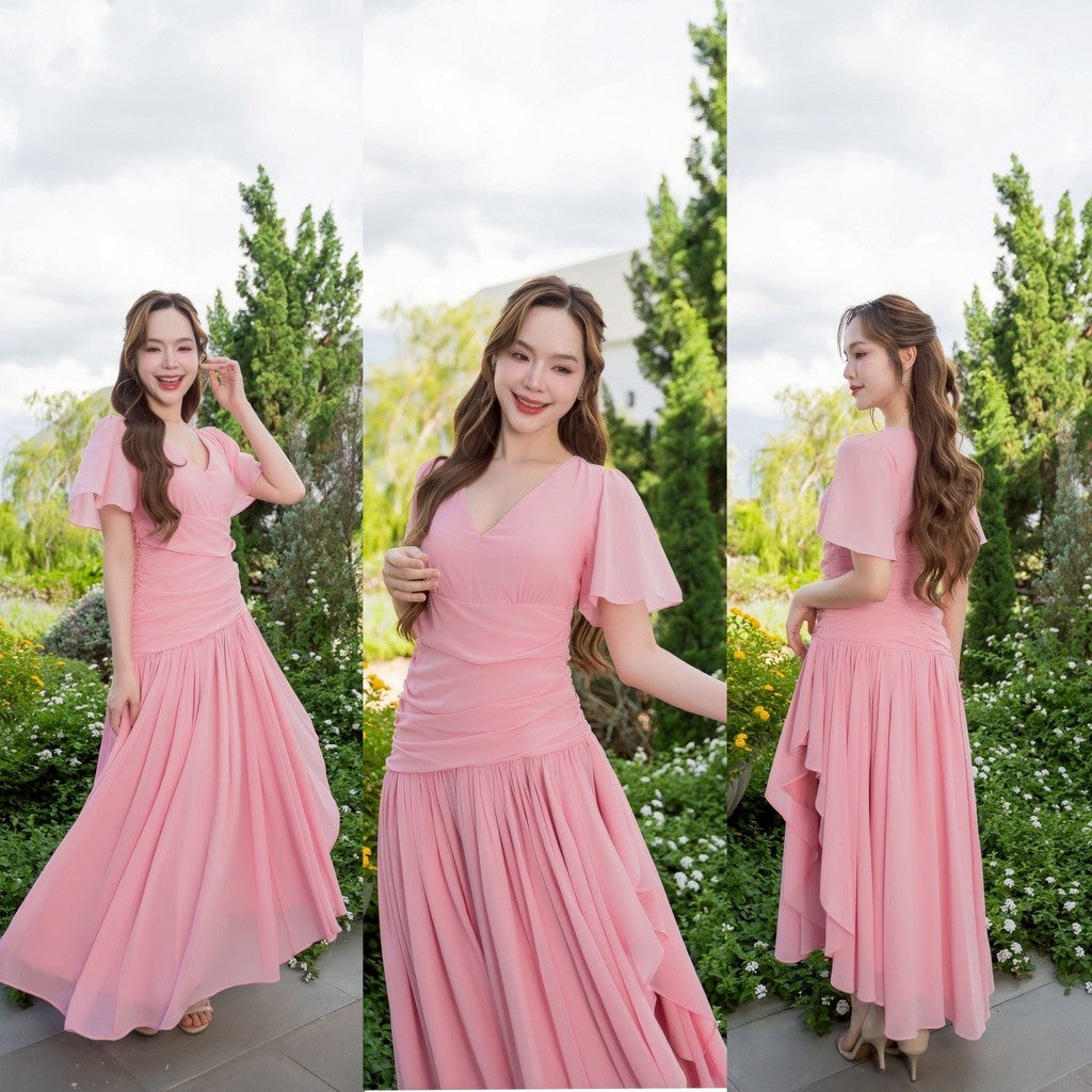 เดรส เดรสออกงาน ชุดชีฟองหรู แขนสั้น NP064 กระโปรงรูด มีซับในทั้งชุด สะโพกฟรี พร้อมส่ง ใส่ออกงานแต่ง