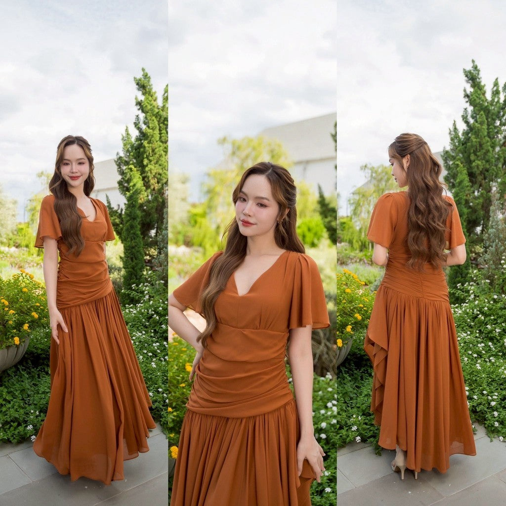 เดรส เดรสออกงาน ชุดชีฟองหรู แขนสั้น NP064 กระโปรงรูด มีซับในทั้งชุด สะโพกฟรี พร้อมส่ง ใส่ออกงานแต่ง