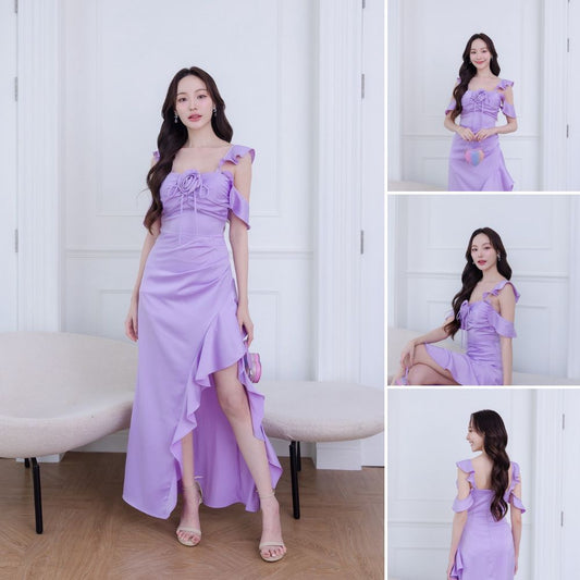 เดรสยาว ชุดออกงาน ชุดตรีม ธีมสีม่วง ชุดราตรีสีม่วง เดรส เรียบหรู เดรสงานแต่ง พร้อมส่ง Dress Woman