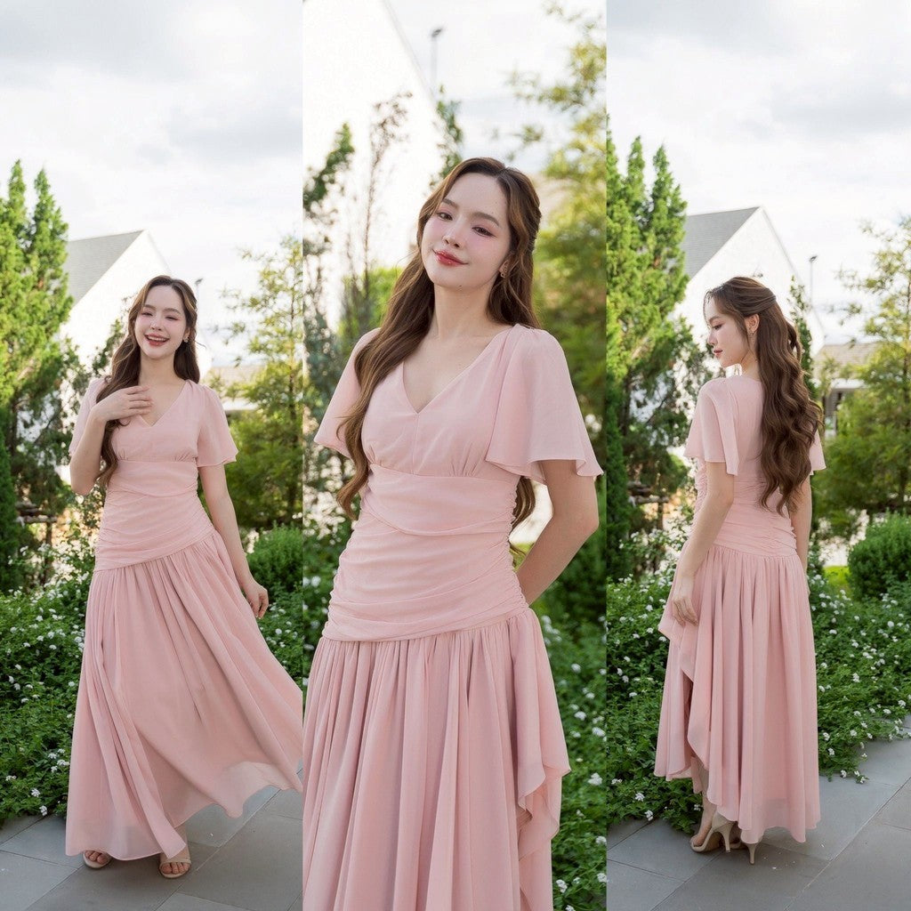 เดรส เดรสออกงาน ชุดชีฟองหรู แขนสั้น NP064 กระโปรงรูด มีซับในทั้งชุด สะโพกฟรี พร้อมส่ง ใส่ออกงานแต่ง