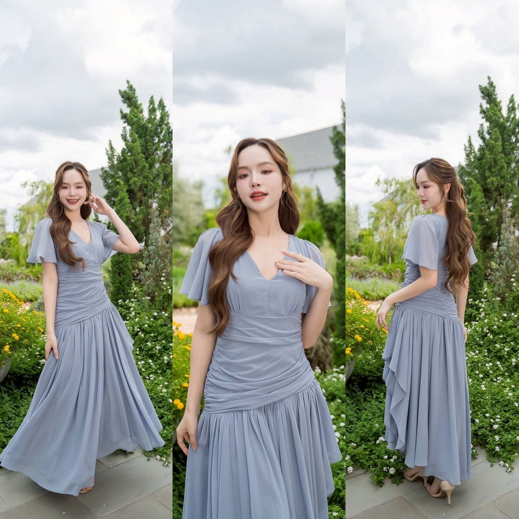 เดรส เดรสออกงาน ชุดชีฟองหรู แขนสั้น NP064 กระโปรงรูด มีซับในทั้งชุด สะโพกฟรี พร้อมส่ง ใส่ออกงานแต่ง