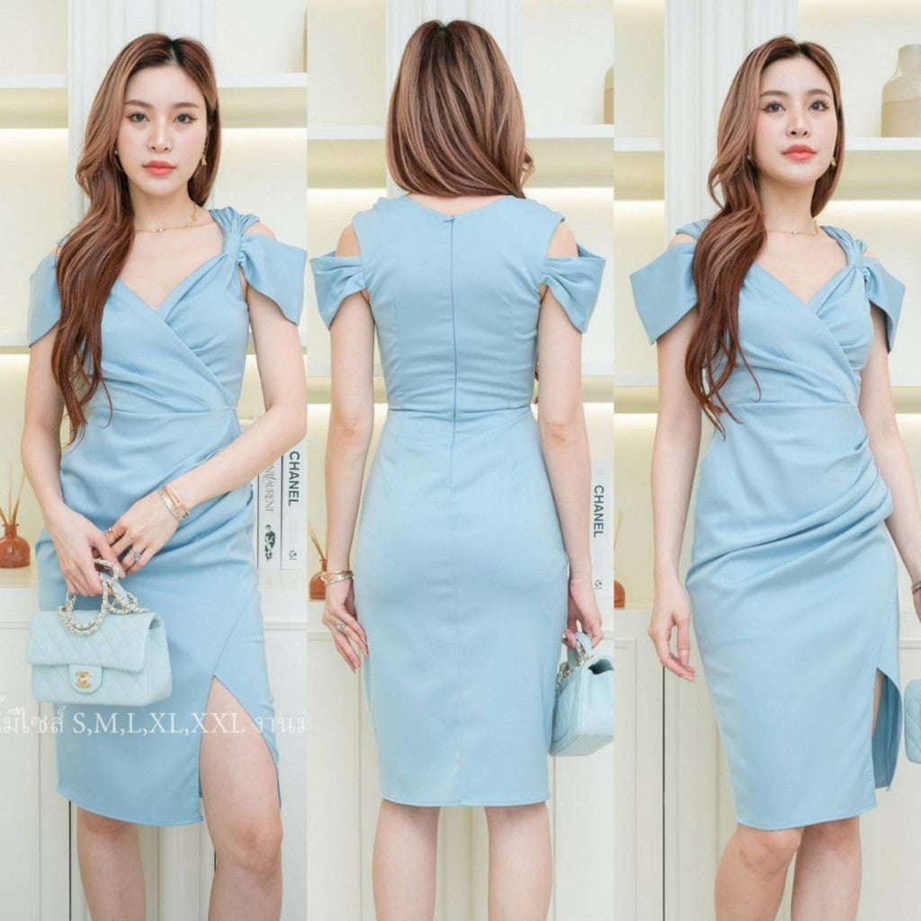 เดรสสั้น ชุดออกงาน ชุดราตรี เดรส VELINA ซาติน พรีเมี่ยม แขนผูก พรางท้อง ชุดขายดี Lady Woman Dress