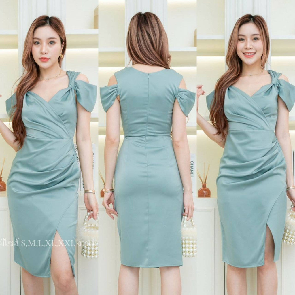 เดรสสั้น ชุดออกงาน ชุดราตรี เดรส VELINA ซาติน พรีเมี่ยม แขนผูก พรางท้อง ชุดขายดี Lady Woman Dress