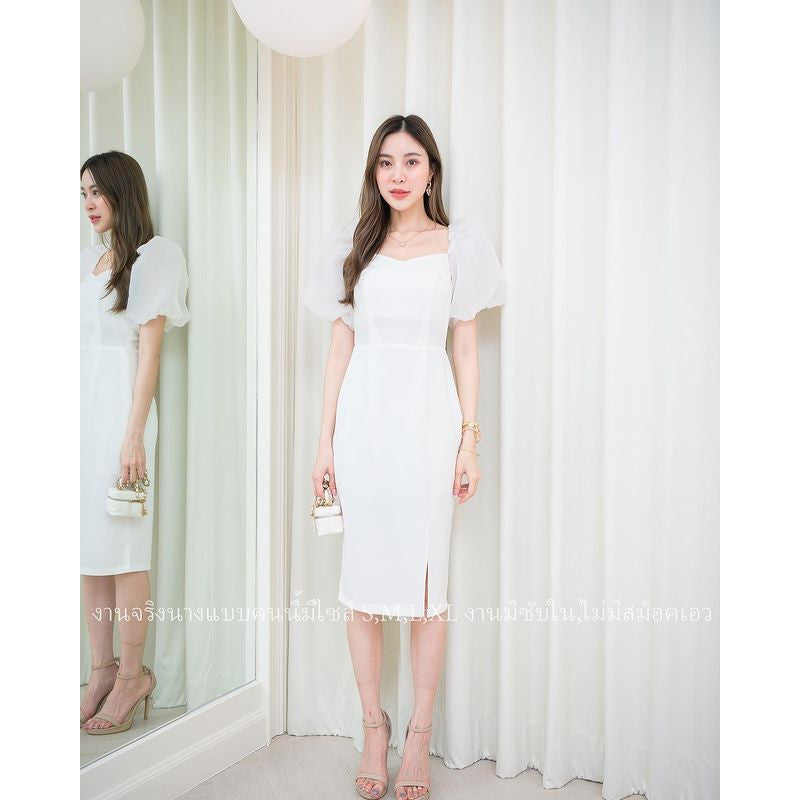 ชุดไปงานแต่ง เรียบหรู ดูแพง ชุดออกงาน ชุดเดรสออกงาน เดรสสั้น N125 แขนพอง ผ้าฮานาโกะ น่ารักมาก ขายดี งานแต่งงาน Woman