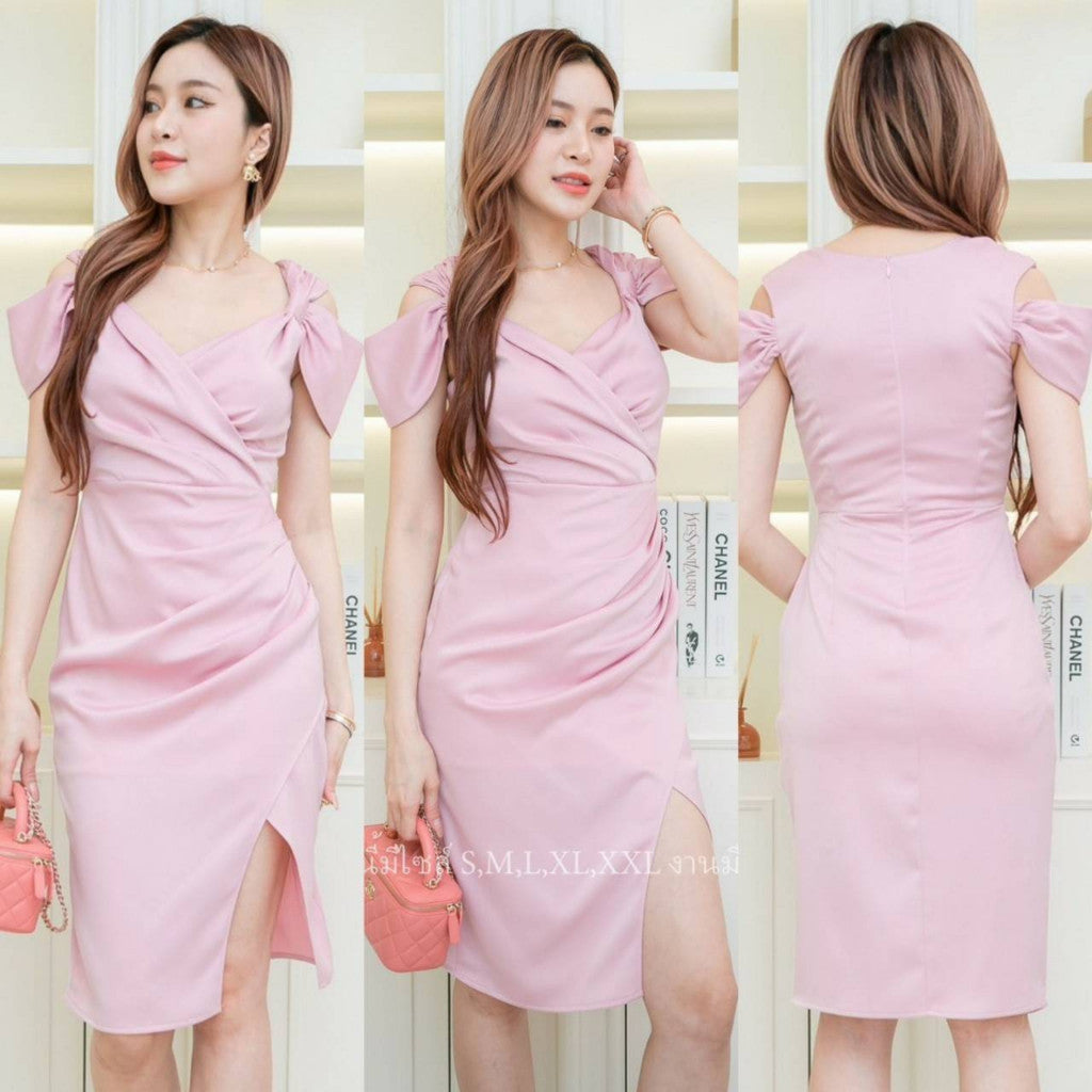 เดรสสั้น ชุดออกงาน ชุดราตรี เดรส VELINA ซาติน พรีเมี่ยม แขนผูก พรางท้อง ชุดขายดี Lady Woman Dress