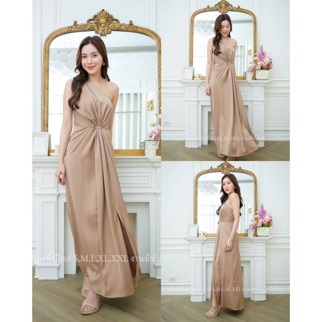 ชุดไปงานแต่ง ชุดออกงาน N056 ชุดเดรสยาว ไหล่เบี่ยงหรูหรา มัดตรงกลาง ชุดราตรี เดรส ชุดออกงานกลางคืน งานแต่งงาน Dress Woman