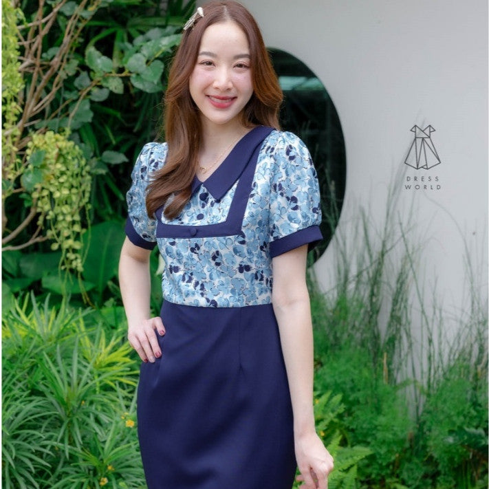 ชุดเดรสน่ารักๆ เดรสสั้น ชุดเดรสทำงาน สีชมพู กรมท่า ม่วง กระโปรงสั้น สีพื้น คอปก ลายดอก ไซส์ S M L XL Woman Dress