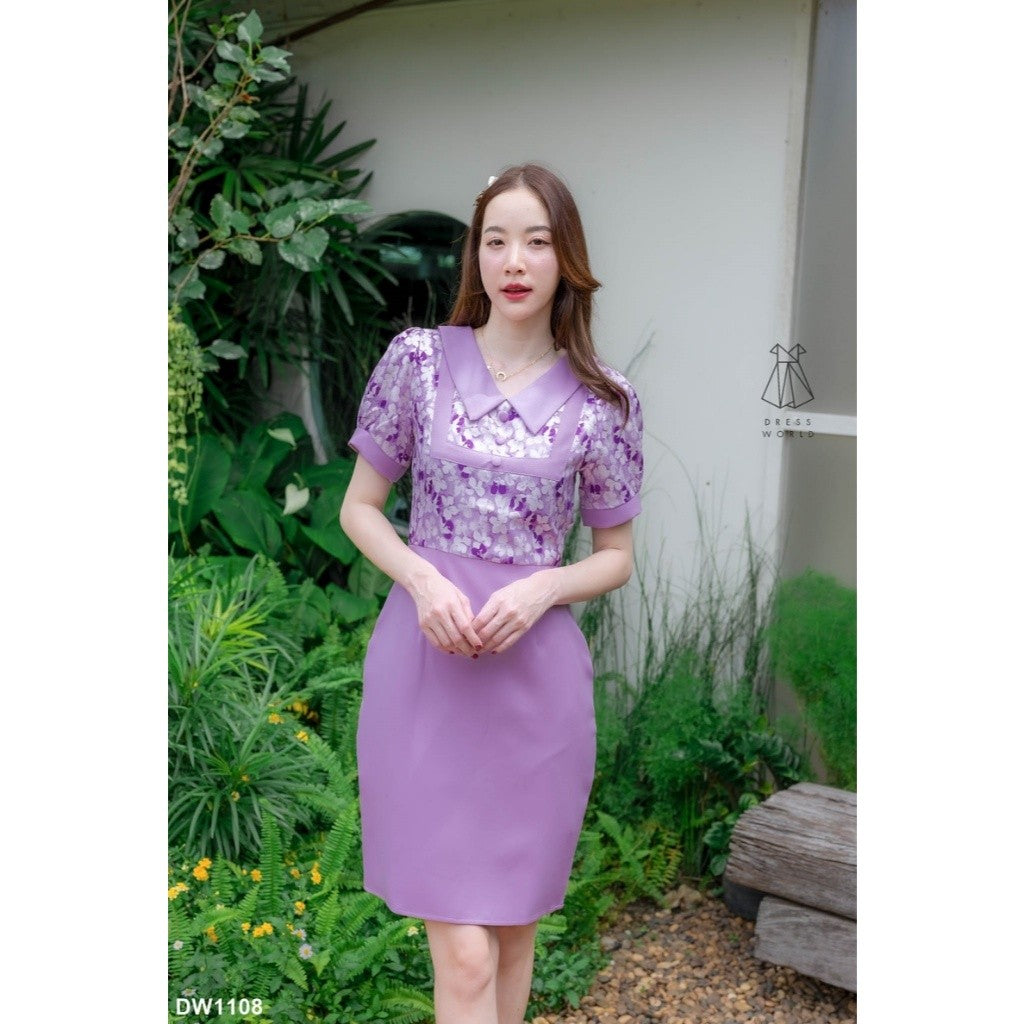 ชุดเดรสน่ารักๆ เดรสสั้น ชุดเดรสทำงาน สีชมพู กรมท่า ม่วง กระโปรงสั้น สีพื้น คอปก ลายดอก ไซส์ S M L XL Woman Dress