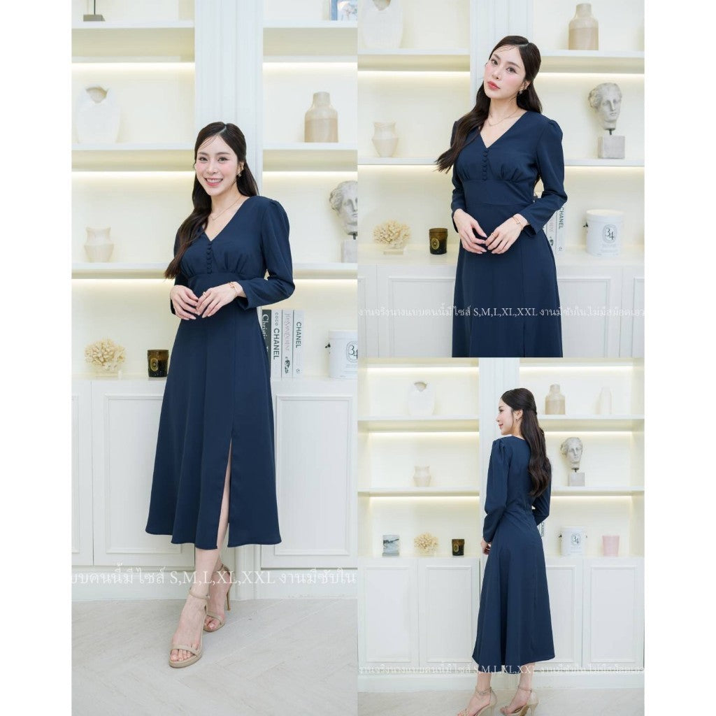 ชุดไปงานแต่ง NP029 ชุดเดรสแขนยาว ผ้าทวิลคอวี ไซส์ S M L XL 2XL ชุดเดรสไปงานแต่ง เดรสยาว งานแต่งงาน Dress Woman