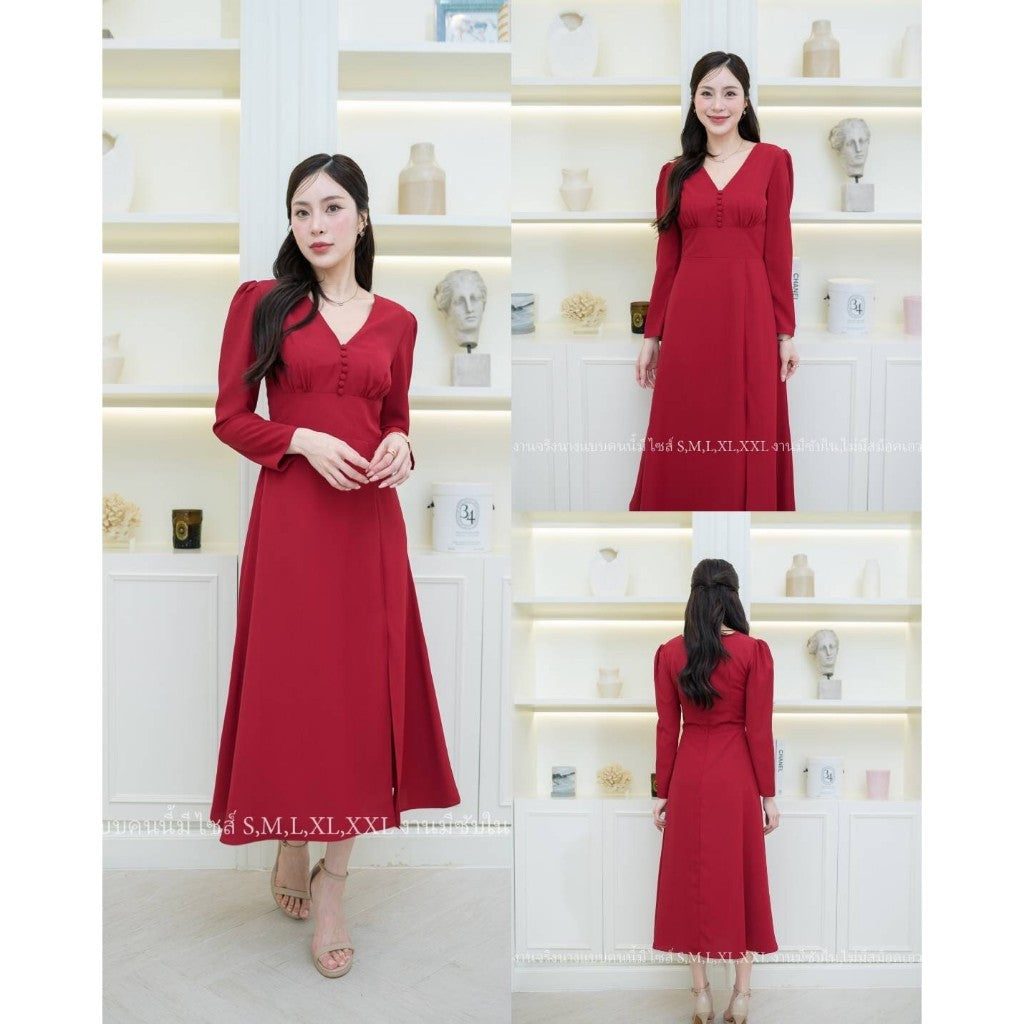 ชุดไปงานแต่ง NP029 ชุดเดรสแขนยาว ผ้าทวิลคอวี ไซส์ S M L XL 2XL ชุดเดรสไปงานแต่ง เดรสยาว งานแต่งงาน Dress Woman