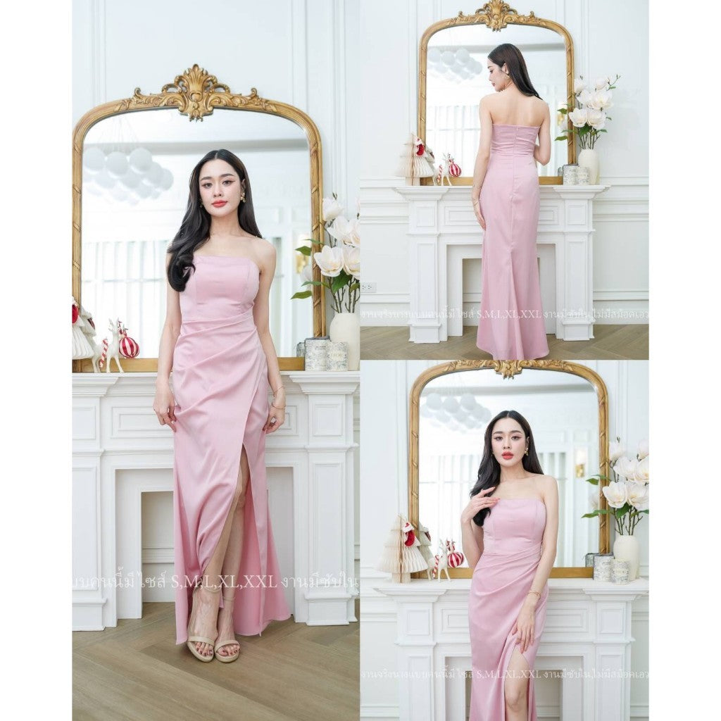 ชุดราตรี เดรสยาว เปิดไหล่ NP028 ผ้าเครปซาติน ขายดี ไซส์ S M L XL 2XL ชุดเดรสออกงาน ชุดเดรส สวยๆ งานแต่งงาน Dress Woman