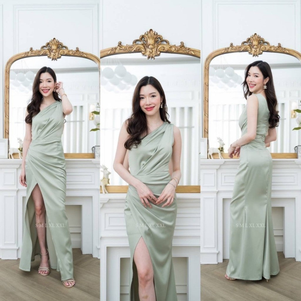 ชุดราตรี ชุดไปงานแต่ง เรียบหรู ดูแพง ผ้าเครปซาติน NP004 สวยหรู ไซส์ S-2XL ไหล่เฉียง พรางท้อง เดรสยาว Woman Lady Dress