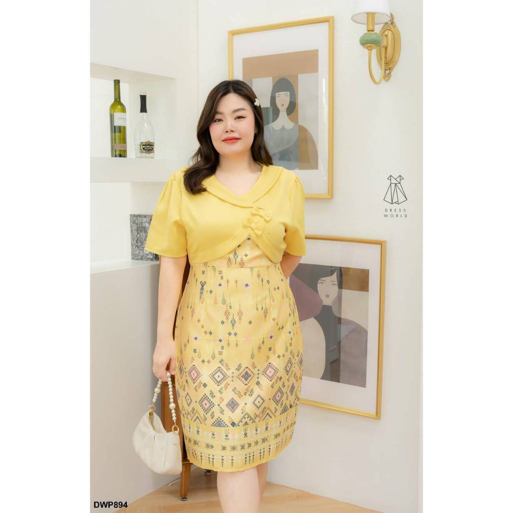 ชุดเดรสน่ารักๆ ชุดเดรส กระโปรงสั้น สีเหลือง ม่วง ชมพู ฟ้า เดรสสั้น เดรสลายไทย ชุดเดรสสวยๆ ไซส์ S M L XL 2XL Woman Dress