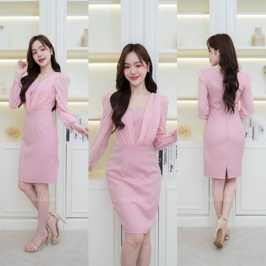 ชุดราตรี ชุดออกงาน NX281 ชุดไปงานแต่ง ผ้ามอสเครป แขนยาวชีฟอง อกชีฟอง งานแต่งงาน Woman Dress Dresses