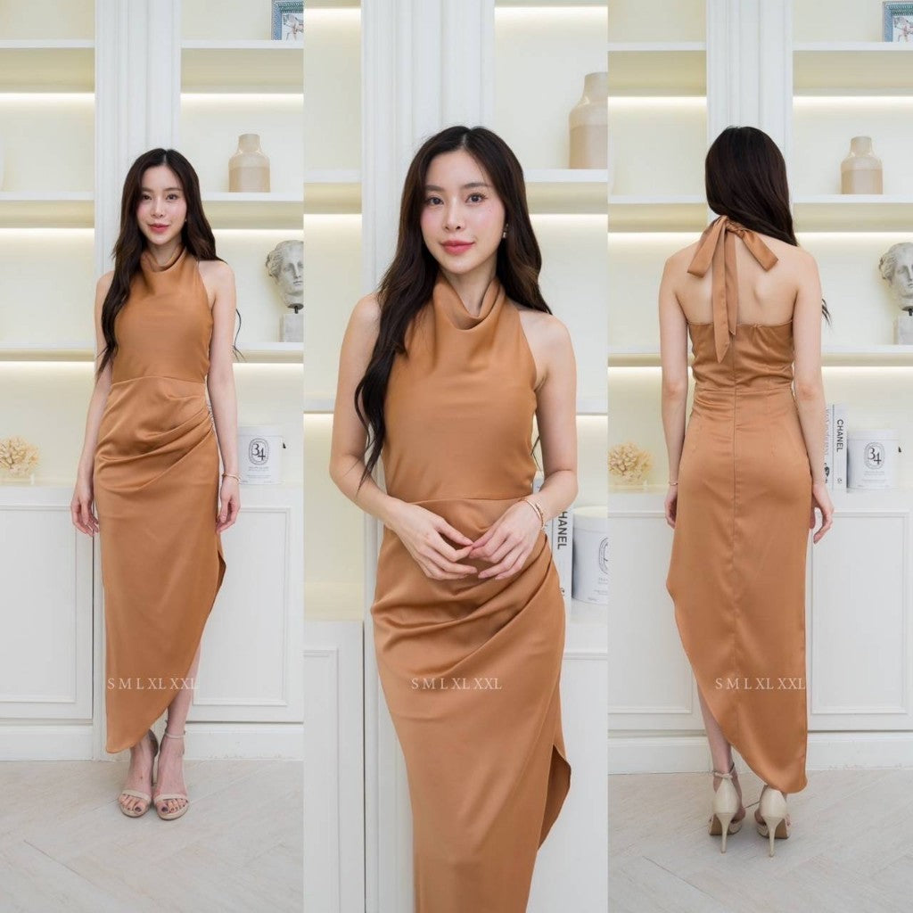 ชุดราตรี ชุดออกงาน เดรสยาว NX287 ชุดไปงานแต่ง เครปซาติน ผูกคอหลัง งานแต่งงาน Woman Dress Dresses