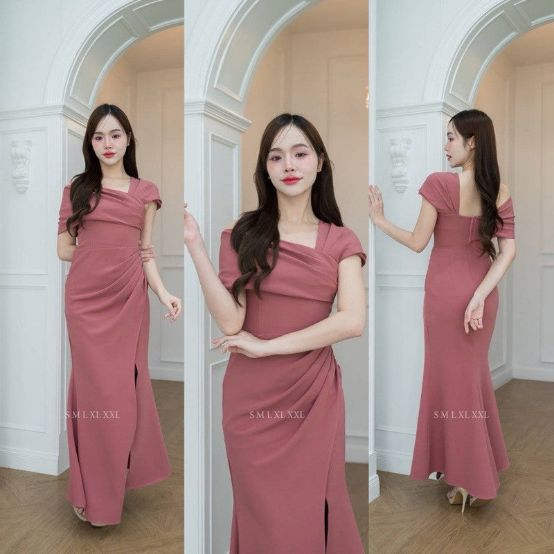 เดรสยาว ชุดเดรส ชุดราตรี ชุดออกงาน NX273 เกาะอก ระบาย ปาดไหล่2ข้าง งานแต่งงาน ชุดราตรี Woman Dress