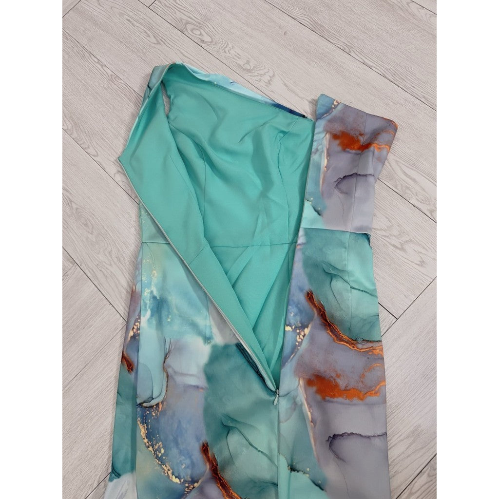 เดรสยาว ชุดออกงาน ชุดราตรี NX277 ผ้าเครปซาติน พิมพ์ลาย ไหล่เบี่ยง จีบเอว Woman Dress Dresses