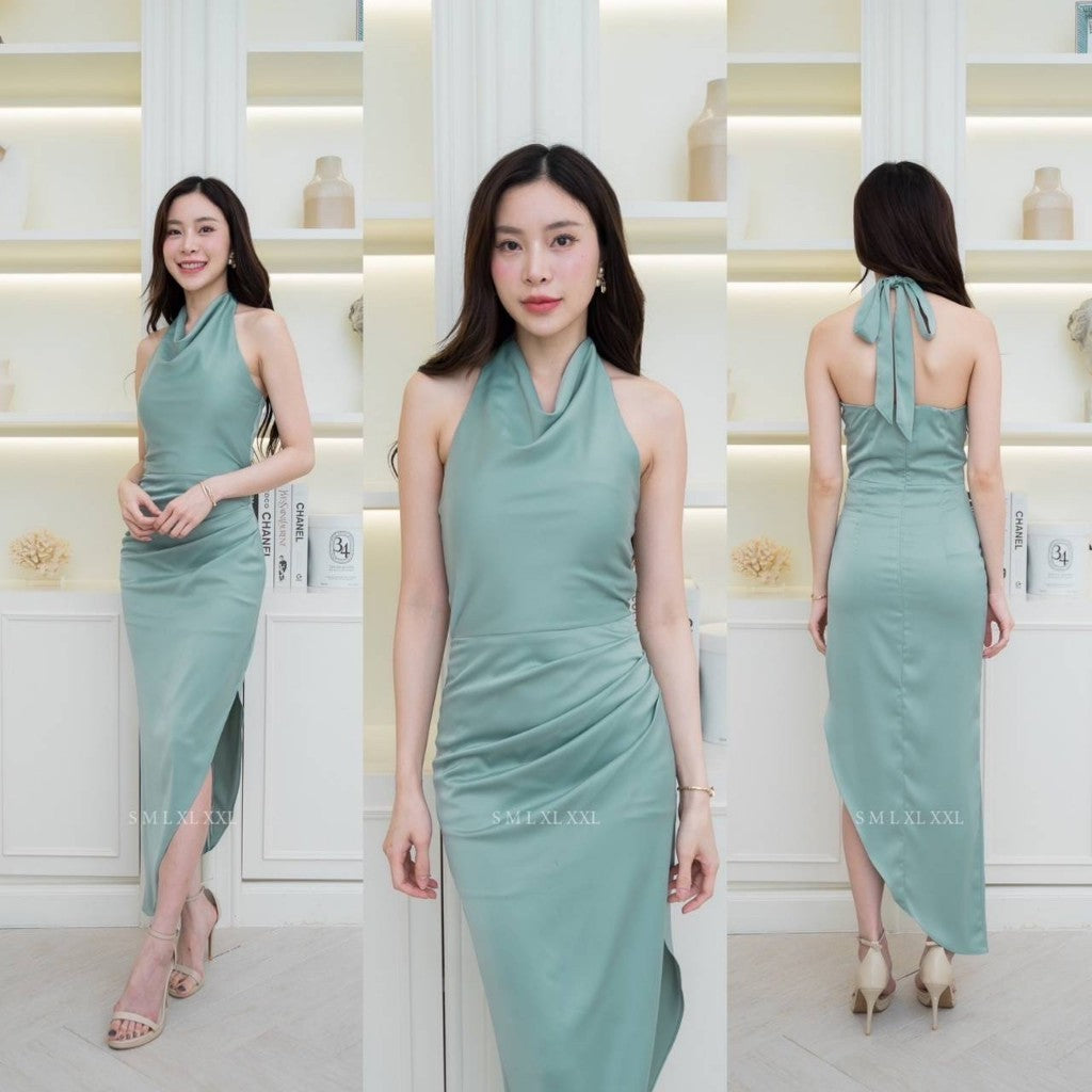 ชุดราตรี ชุดออกงาน เดรสยาว NX287 ชุดไปงานแต่ง เครปซาติน ผูกคอหลัง งานแต่งงาน Woman Dress Dresses
