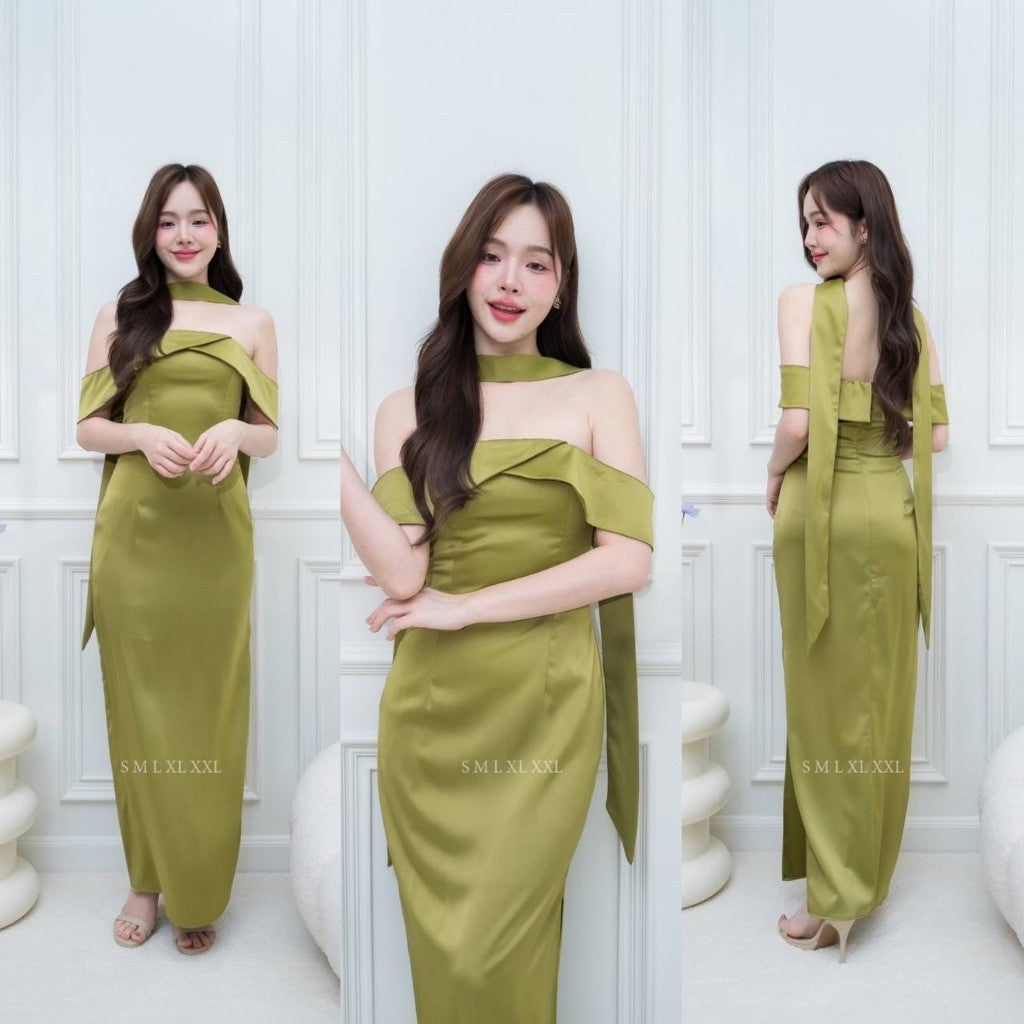 ชุดไปงานแต่ง ชุดราตรี ชุดออกงาน NX280 ผ้าเครปซาติน เกาะอกยาว สายอ้อมแขน แถมสายพาดคอ งานแต่งงาน Woman Dress Dresses