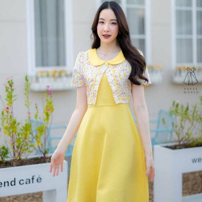 ชุดเดรสน่ารักๆ ชุดเดรส คอบัว กระโปรงบาน สีเหลือง สีม่วง เดรสสั้น เดรสเกาหลี ชุดเดรสสวยๆ ไซส์ S M L XL XXL Woman Dress