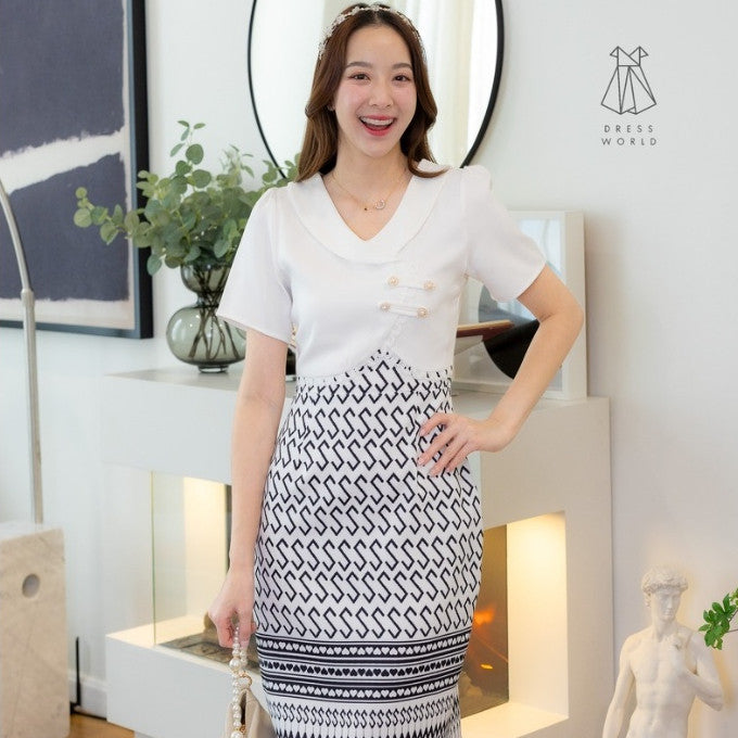 ชุดเดรสผ้าไทย ลายขอ เดรสสั้น สีชมพู ฟ้า แดง เขียว ขาว เดรสลายไทย เสื้อกั๊ก กระดุมมุก ไซส์ S M L XL 2XL Woman Dress