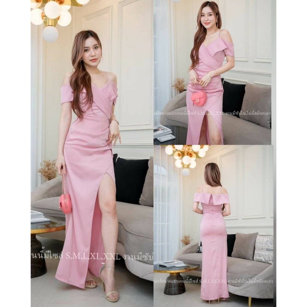 เดรสยาว ชุดเดรส ชุดไปงานแต่ง เรียบหรู ชุดออกงาน ชุดราตรี สายเดี่ยว JP001 พร้อมส่ง งานแต่งงาน ผู้หญิง
