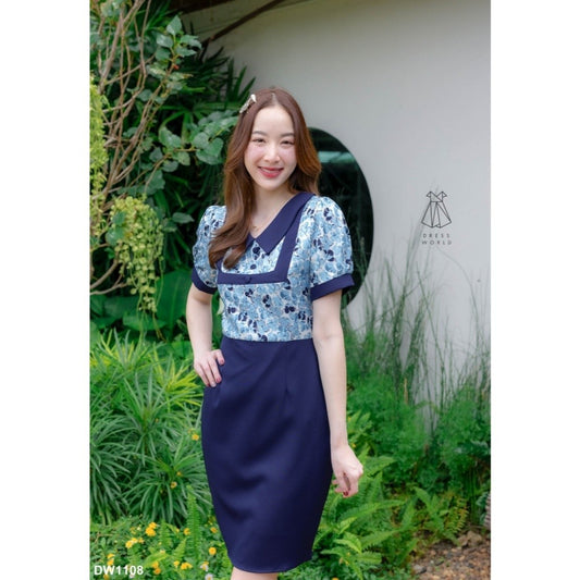 ชุดเดรสน่ารักๆ เดรสสั้น ชุดเดรสทำงาน สีชมพู กรมท่า ม่วง กระโปรงสั้น สีพื้น คอปก ลายดอก ไซส์ S M L XL Woman Dress