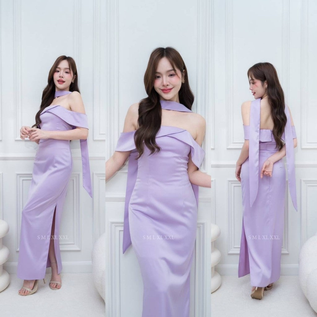 ชุดไปงานแต่ง ชุดราตรี ชุดออกงาน NX280 ผ้าเครปซาติน เกาะอกยาว สายอ้อมแขน แถมสายพาดคอ งานแต่งงาน Woman Dress Dresses