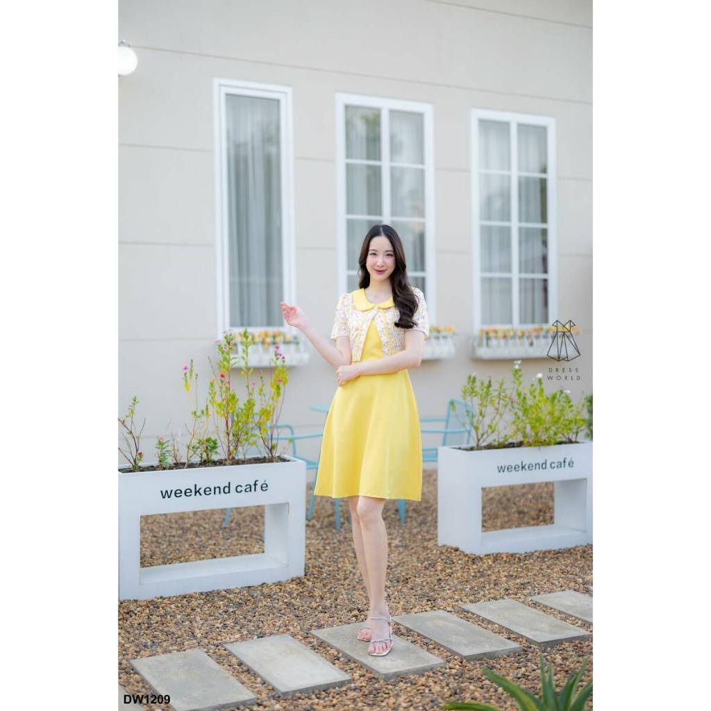 ชุดเดรสน่ารักๆ ชุดเดรส คอบัว กระโปรงบาน สีเหลือง สีม่วง เดรสสั้น เดรสเกาหลี ชุดเดรสสวยๆ ไซส์ S M L XL XXL Woman Dress