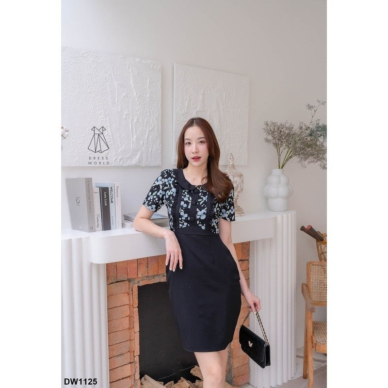 ชุดเดรส เดรสสั้น เรียบร้อย สีชมพู ครีม ดำ พิมพ์ลาย คอบัว แต่งกระดุม ไซส์ S M L XL 2XL Woman Dress