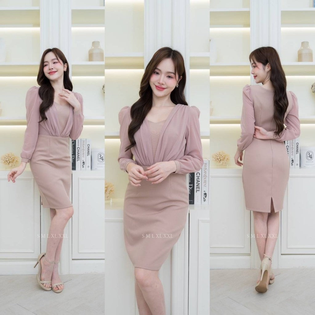 ชุดราตรี ชุดออกงาน NX281 ชุดไปงานแต่ง ผ้ามอสเครป แขนยาวชีฟอง อกชีฟอง งานแต่งงาน Woman Dress Dresses