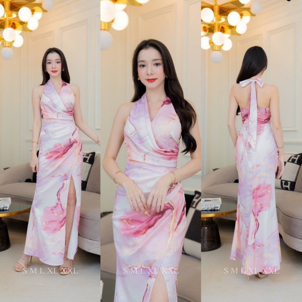 ชุดราตรี ชุดออกงาน เดรสยาว NX285 ชุดไปงานแต่ง ผ้าเครปซาติน พิมพ์ลาย คอถ่วง ผูกคอหลัง งานแต่งงาน Woman Dress Dresses