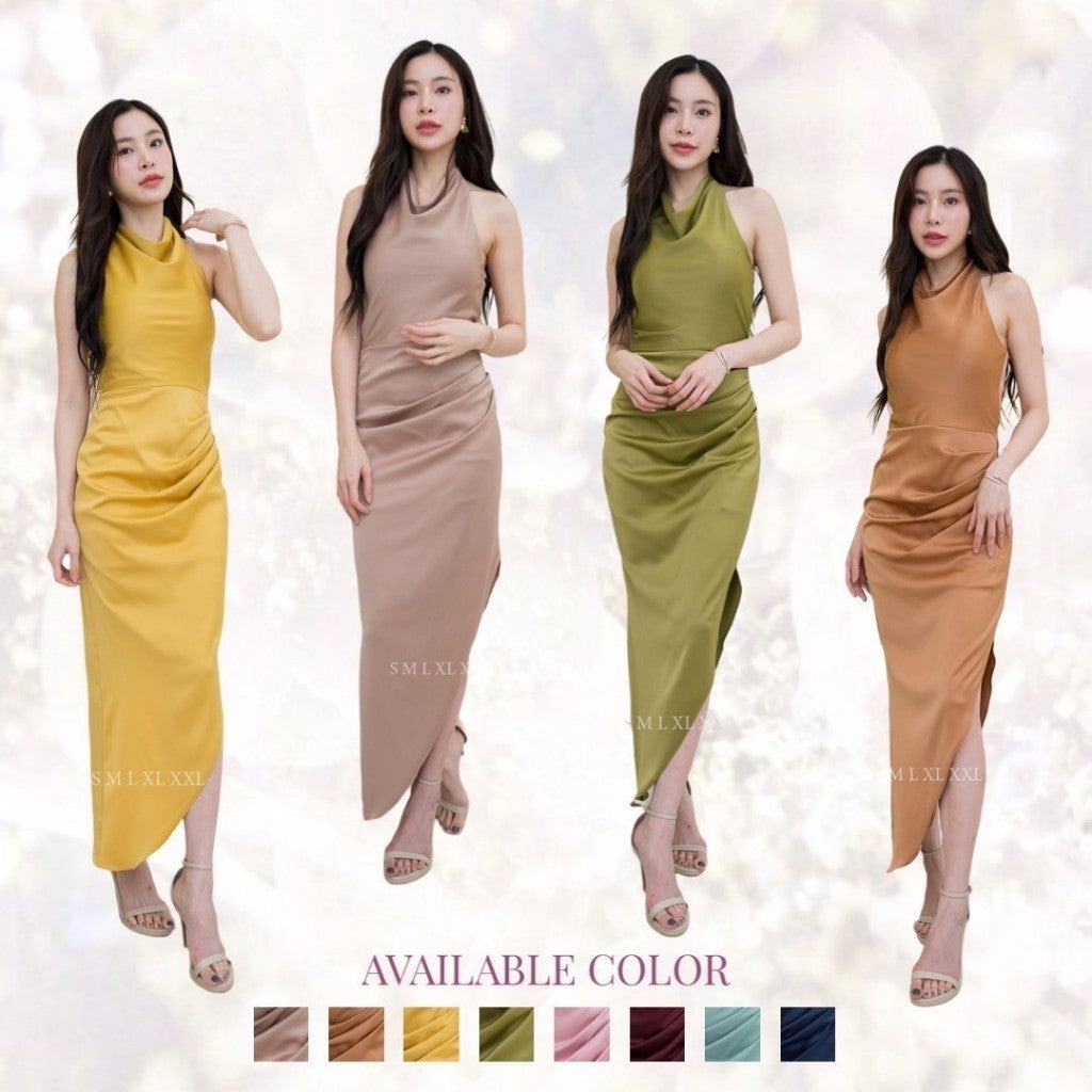 ชุดราตรี ชุดออกงาน เดรสยาว NX287 ชุดไปงานแต่ง เครปซาติน ผูกคอหลัง งานแต่งงาน Woman Dress Dresses