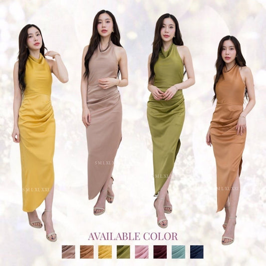 ชุดราตรี ชุดออกงาน เดรสยาว NX287 ชุดไปงานแต่ง เครปซาติน ผูกคอหลัง งานแต่งงาน Woman Dress Dresses