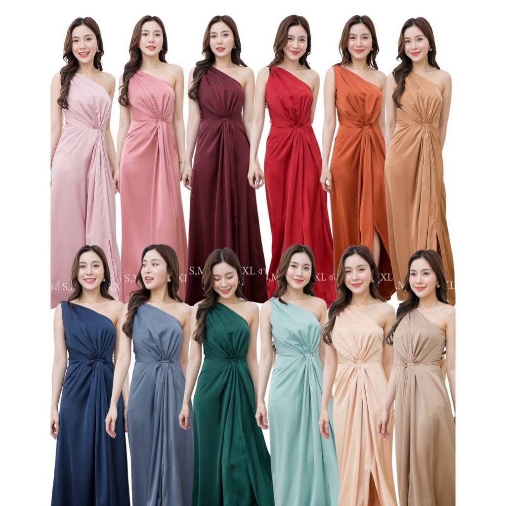 ชุดไปงานแต่ง ชุดออกงาน N056 ชุดเดรสยาว ไหล่เบี่ยงหรูหรา มัดตรงกลาง ชุดราตรี เดรส ชุดออกงานกลางคืน งานแต่งงาน Dress Woman