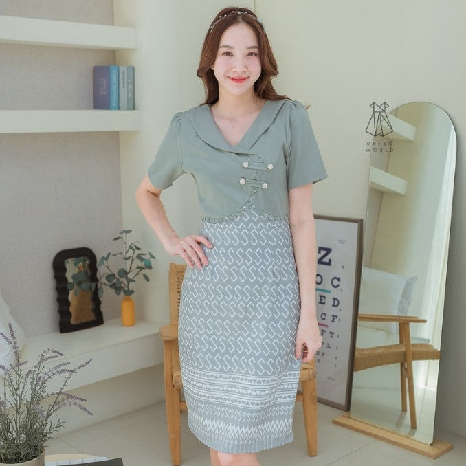 ชุดเดรสผ้าไทย ลายขอ เดรสสั้น สีชมพู ฟ้า แดง เขียว ขาว เดรสลายไทย เสื้อกั๊ก กระดุมมุก ไซส์ S M L XL 2XL Woman Dress