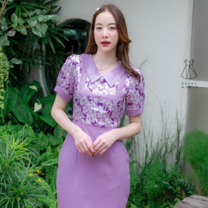 ชุดเดรสน่ารักๆ เดรสสั้น ชุดเดรสทำงาน สีชมพู กรมท่า ม่วง กระโปรงสั้น สีพื้น คอปก ลายดอก ไซส์ S M L XL Woman Dress
