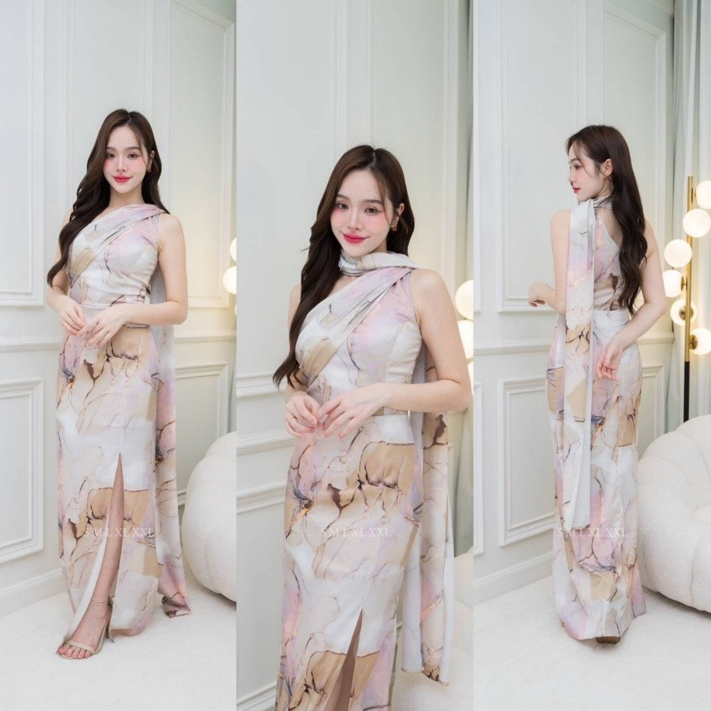 เดรส ชุดเดรส เดรสยาว ชุดราตรี เดรสงานแต่ง NX278 ผ้าเครปซาติน พิมพ์ลาย ไหล่เบี่ยง สไบใหญ่ งานแต่งงาน Woman Dress Dresses
