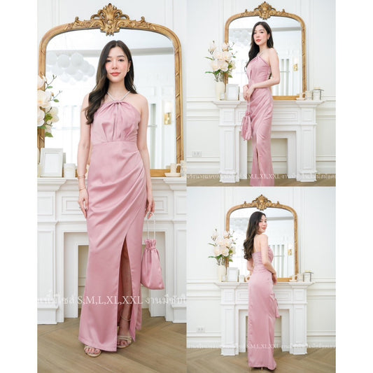 เดรสยาว ชุดออกงาน ชุดราตรียาว เดรสหรู NP014 ชุดเดรสออกงาน ชุดเพื่อนเจ้าสาว เดรสยาว สายเพชร คล้องคอ งานแต่งงาน Dress Lady