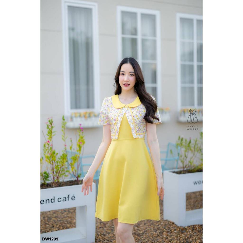 ชุดเดรสน่ารักๆ ชุดเดรส คอบัว กระโปรงบาน สีเหลือง สีม่วง เดรสสั้น เดรสเกาหลี ชุดเดรสสวยๆ ไซส์ S M L XL XXL Woman Dress