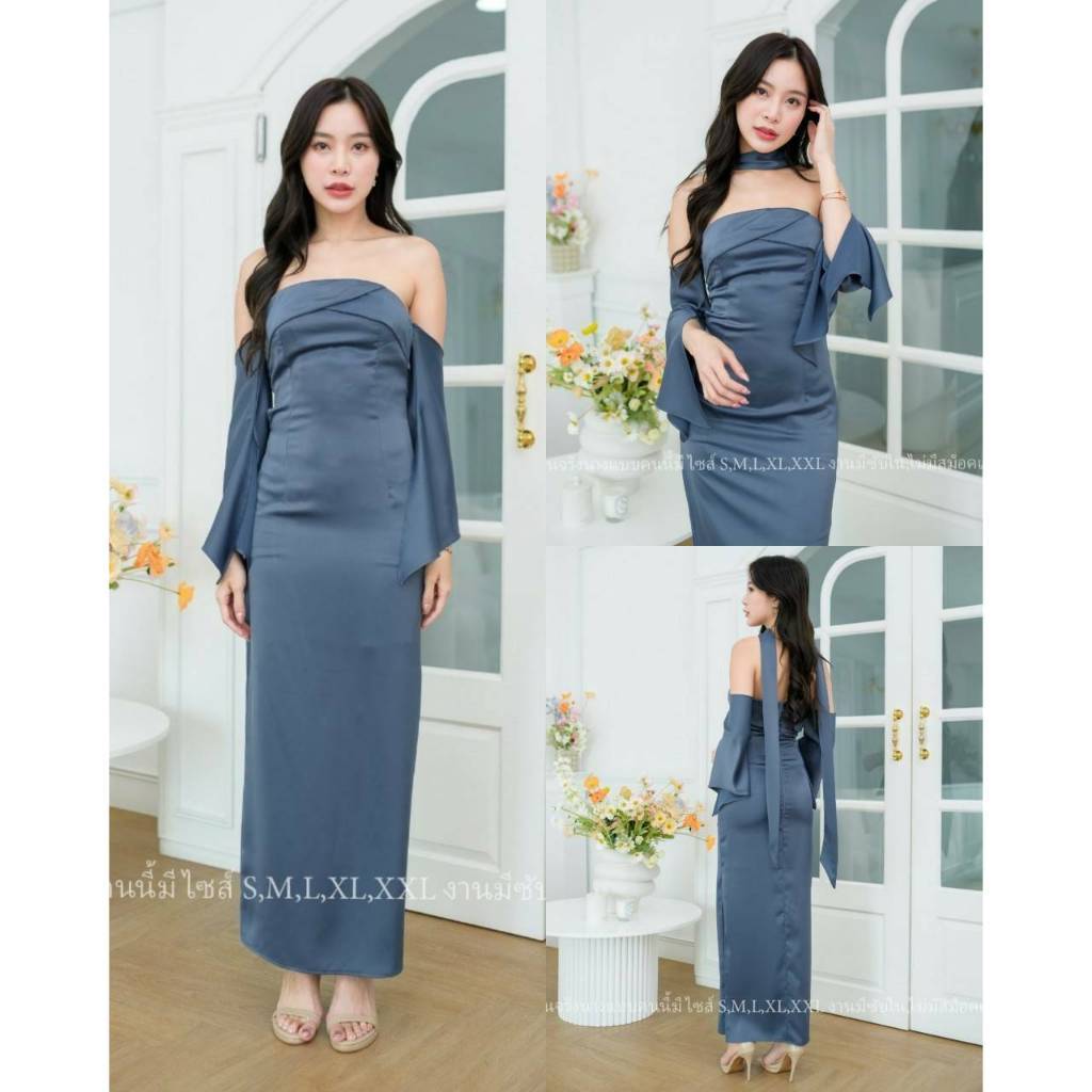 เดรสออกงาน ชุดไปงานแต่ง เรียบหรู ดูแพง ผ้าเครปซาติน N258 สวยหรู ไซส์ S-2XL เกาะอก แขนยาว เดรสยาว Woman Wedding Dress