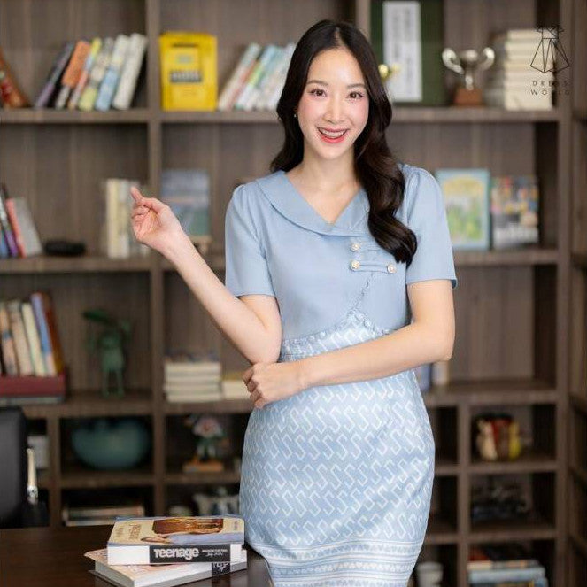 ชุดเดรสผ้าไทย ลายขอ เดรสสั้น สีชมพู ฟ้า แดง เขียว ขาว เดรสลายไทย เสื้อกั๊ก กระดุมมุก ไซส์ S M L XL 2XL Woman Dress