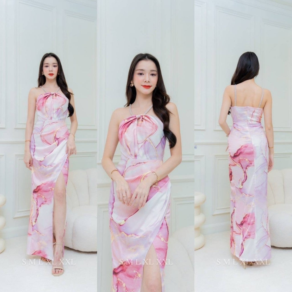 ชุดราตรี ชุดออกงาน เดรสยาว NX284 ชุดไปงานแต่ง ผ้าเครปซาติน พิมพ์ลาย สายเพชร รวบกลางคอ งานแต่งงาน Woman Dress Dresses